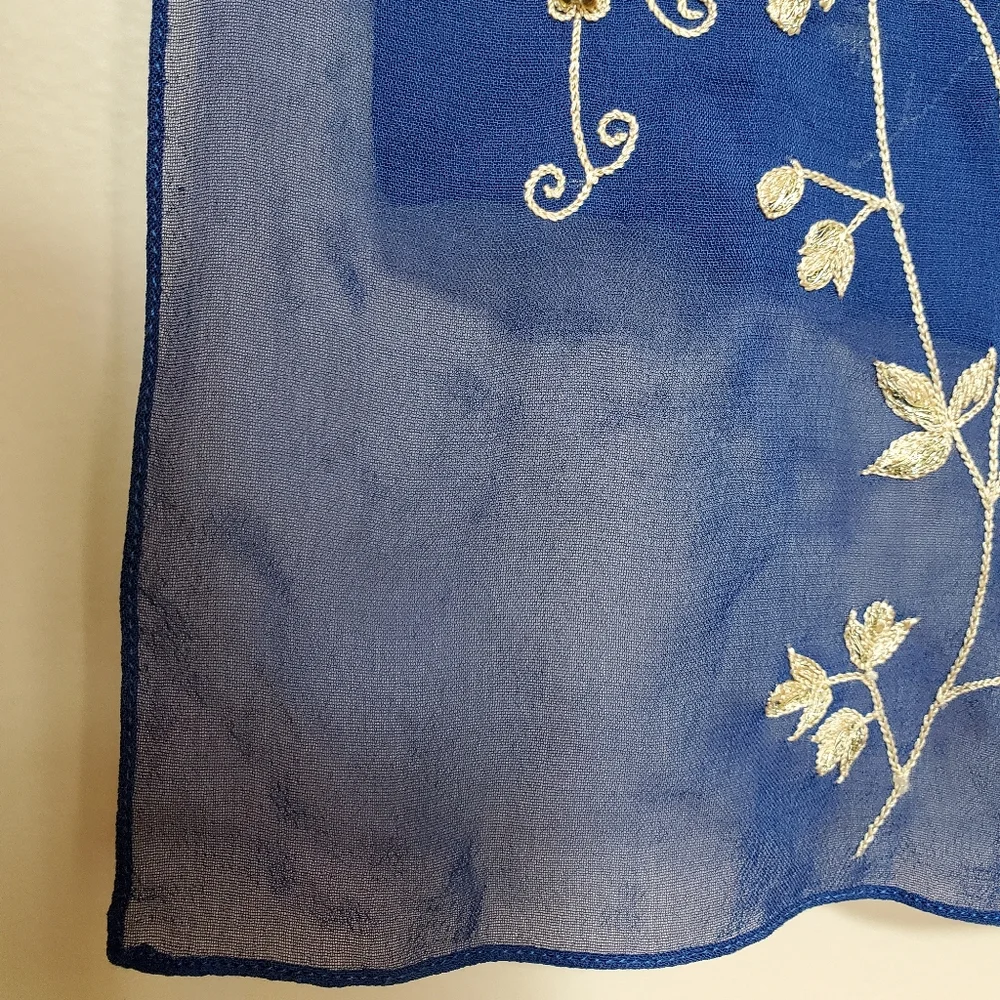 VINTAGE NWOT Royal Blue Semi Sheer, Gold Embroider